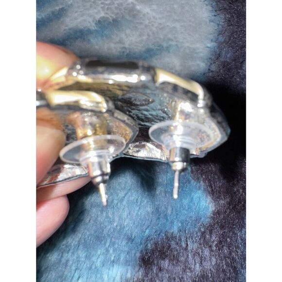 EARRINGS VTG Black & Cream Enameled Silver Pierced - Picture 4 of 8